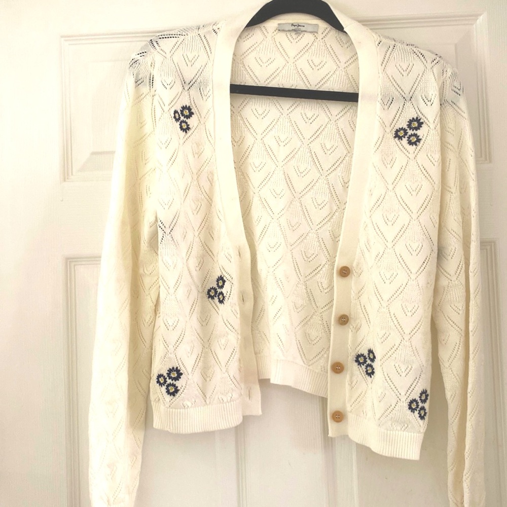 PEPE JEANS Embroidered Ladies Pullover. Off- white with navy flowers.